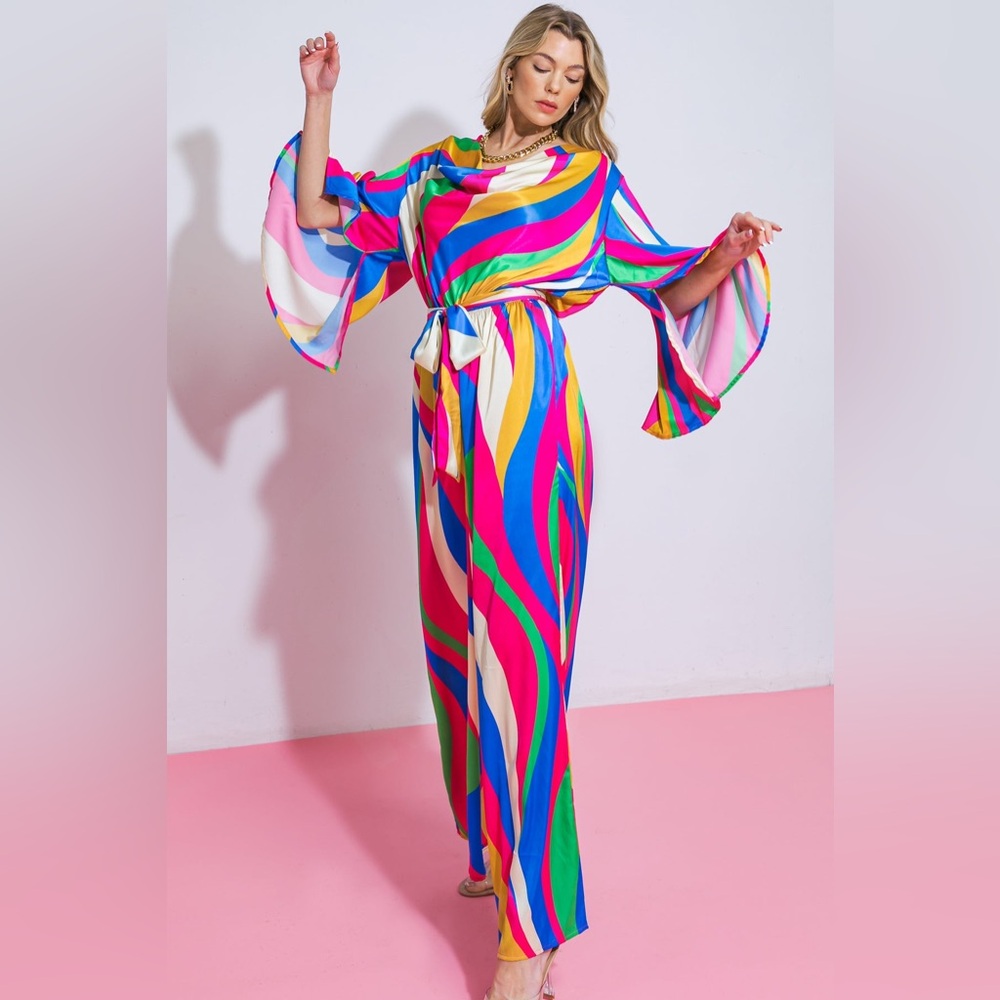 Flying Tomato Multicolor Wave-Print Wide-Leg Jumpsuit - Picture 3 of 5